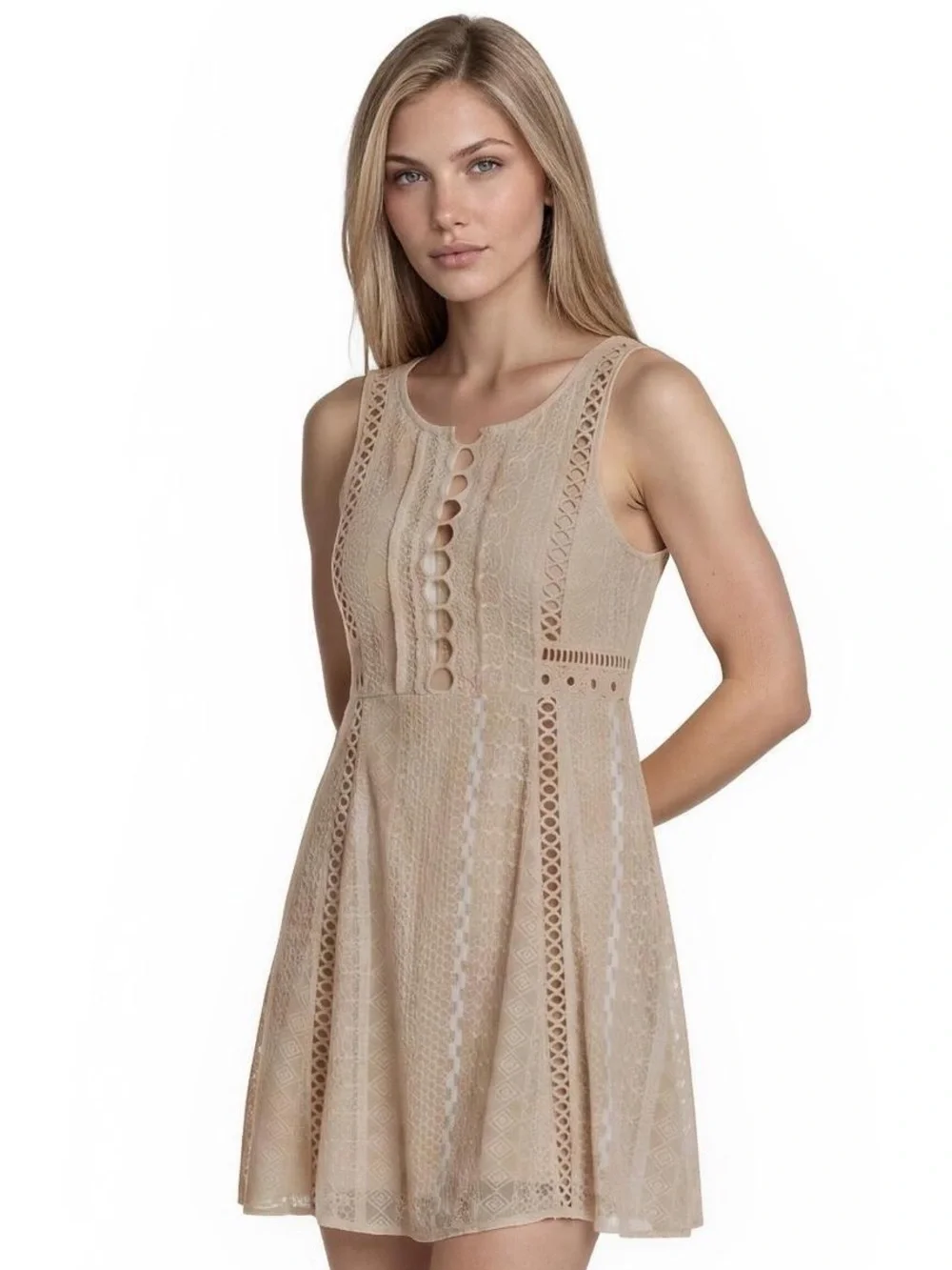 Free People Wherever You Go Mini Dress in Beige. Beautiful Lace Design! Size 10